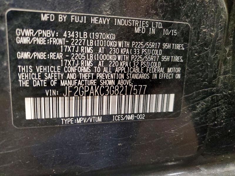 52709416 :رقم المزاد ، JF2GPAKC3G8217577 vin ، 2016 Subaru Crosstrek مزاد بيع