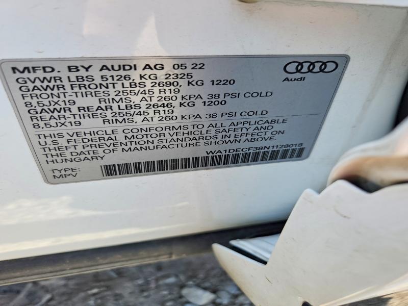 54276976 :رقم المزاد ، WA1DECF38N1128018 vin ، 2022 Audi Q3 مزاد بيع