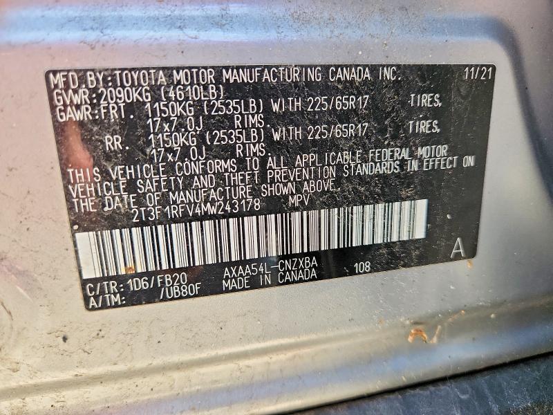 54011986 :رقم المزاد ، 2T3F1RFV4MW243178 vin ، 2021 Toyota Rav4 مزاد بيع