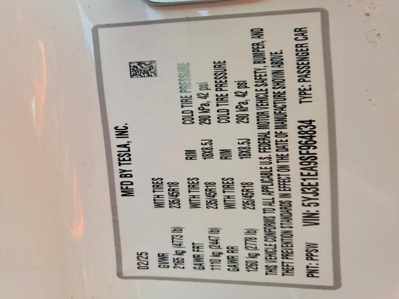 55224536 :رقم المزاد ، 5YJ3E1EA9SF964834 vin ، 2025 Tesla Model 3 مزاد بيع