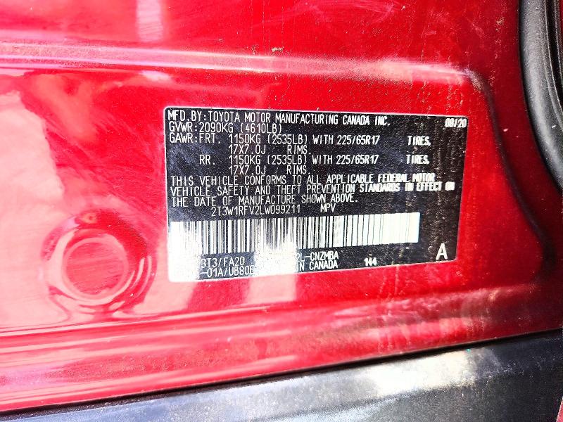 Aukcja sprzedaży 2020 Toyota Rav4, vin: 2T3W1RFV2LW099211, numer aukcji: 53989766