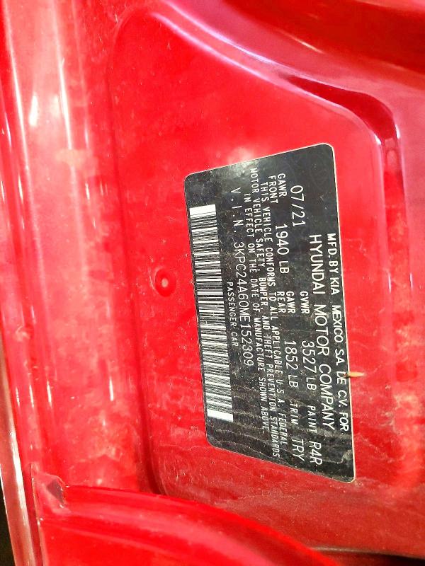 2021 Hyundai Accent მანქანა იყიდება აუქციონზე, vin: 3KPC24A60ME152309, აუქციონის ნომერი: 54453276