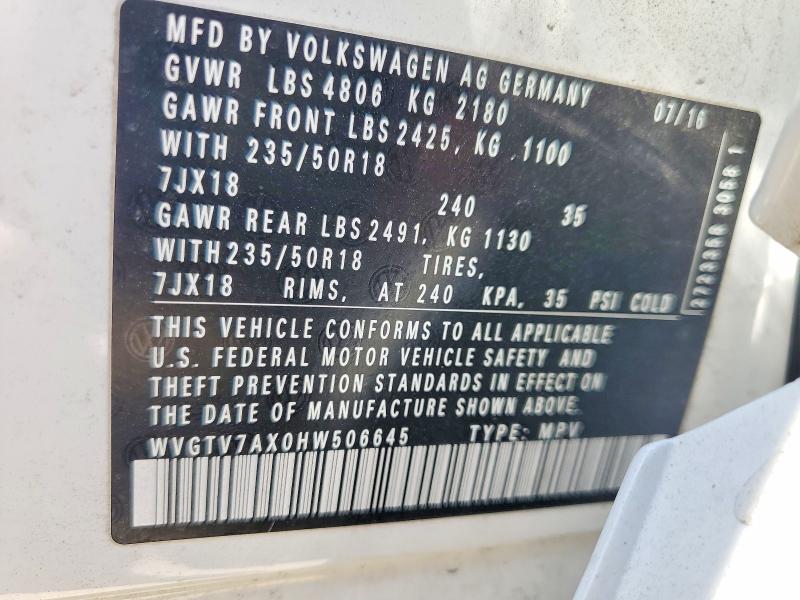52708286 :رقم المزاد ، WVGTV7AX0HW506645 vin ، 2017 Volkswagen Tiguan مزاد بيع