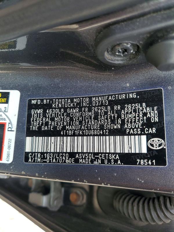 Aukcja sprzedaży 2013 Toyota Camry, vin: 4T1BF1FK1DU680412, numer aukcji: 55125076