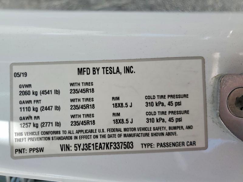 2019 Tesla Model 3 მანქანა იყიდება აუქციონზე, vin: 5YJ3E1EA7KF337503, აუქციონის ნომერი: 54263946