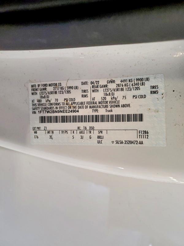 2022 Ford F250 მანქანა იყიდება აუქციონზე, vin: 1FT7W2BN9NEE24904, აუქციონის ნომერი: 51190316