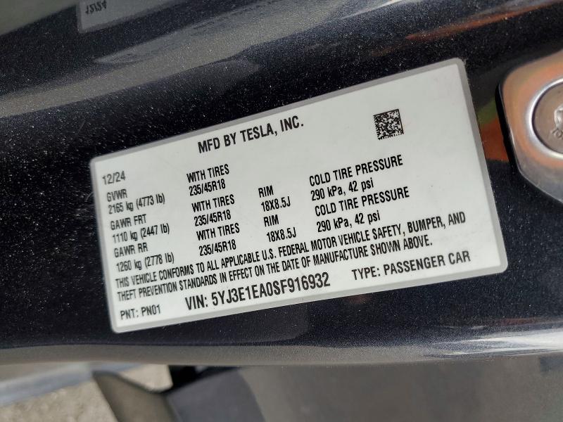 2025 Tesla Model 3 მანქანა იყიდება აუქციონზე, vin: 5YJ3E1EA0SF916932, აუქციონის ნომერი: 54521576