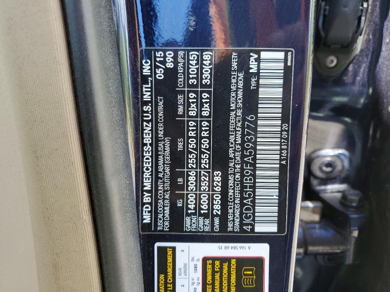 2015 Mercedes-benz Ml მანქანა იყიდება აუქციონზე, vin: 4JGDA5HB9FA593776, აუქციონის ნომერი: 53796426