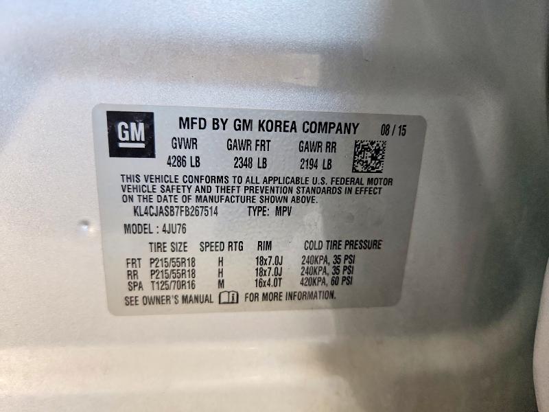 2015 Buick Encore მანქანა იყიდება აუქციონზე, vin: KL4CJASB7FB267514, აუქციონის ნომერი: 53837606