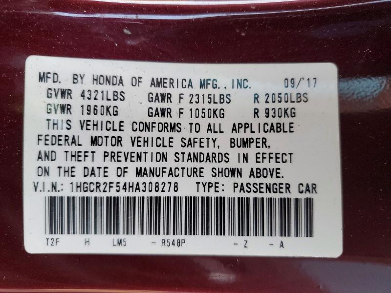 2017 Honda Accord მანქანა იყიდება აუქციონზე, vin: 1HGCR2F54HA308278, აუქციონის ნომერი: 54637476