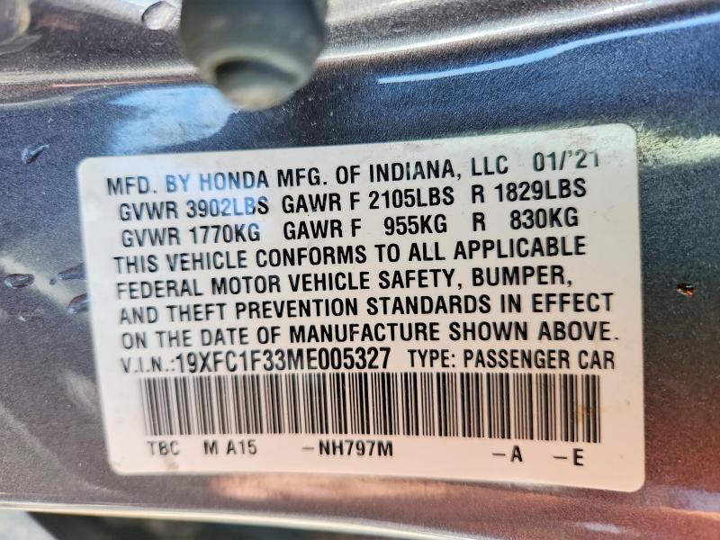 Продажа на аукционе авто 2021 Honda Civic, vin: 19XFC1F33ME005327, номер лота: 54682716