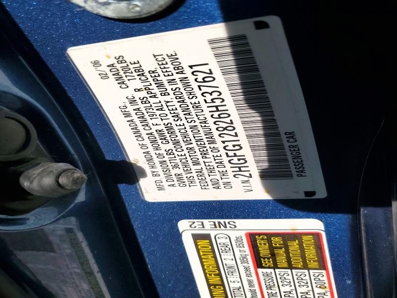 47645826 :رقم المزاد ، 2HGFG12826H537621 vin ، 2006 Honda Civic مزاد بيع