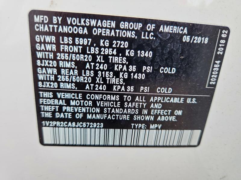 2018 Volkswagen Atlas მანქანა იყიდება აუქციონზე, vin: 1V2PR2CA8JC572923, აუქციონის ნომერი: 54589436