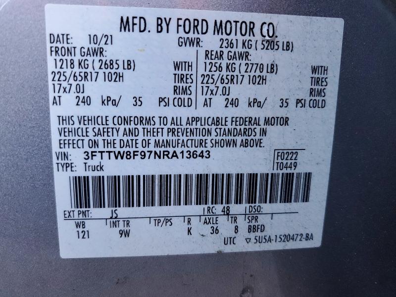 53326816 :رقم المزاد ، 3FTTW8F97NRA13643 vin ، 2022 Ford Maverick مزاد بيع