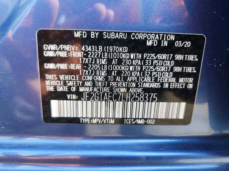 Aukcja sprzedaży 2020 Subaru Crosstrek, vin: JF2GTAEC7LH258375, numer aukcji: 53727976