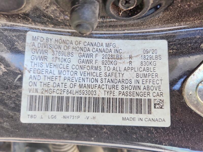 Продажа на аукционе авто 2020 Honda Civic, vin: 2HGFC2F84LH593003, номер лота: 53295826