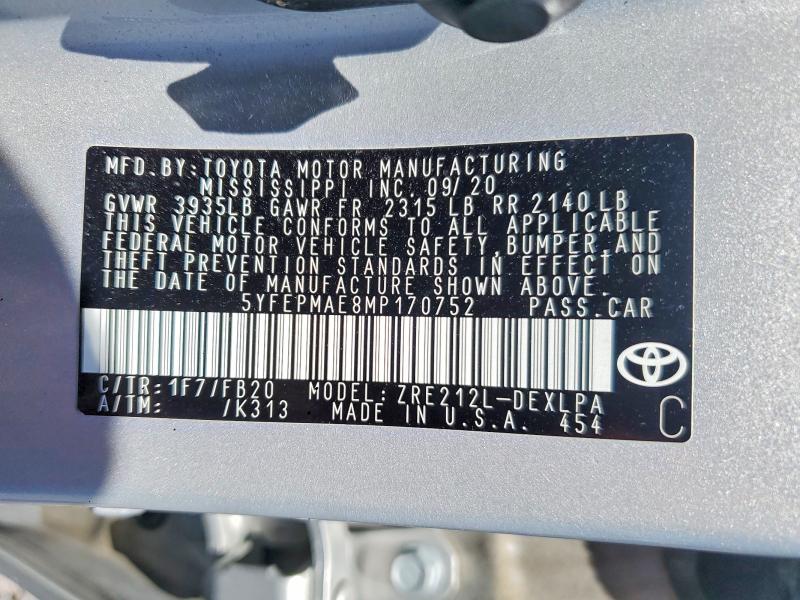2021 Toyota Corolla მანქანა იყიდება აუქციონზე, vin: 5YFEPMAE8MP170752, აუქციონის ნომერი: 53741086