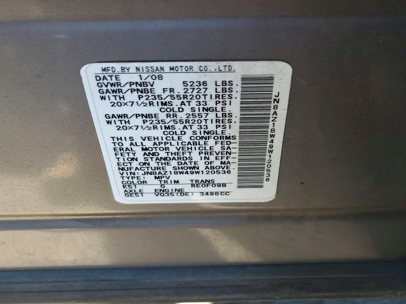 2009 Nissan Murano მანქანა იყიდება აუქციონზე, vin: JN8AZ18W49W120536, აუქციონის ნომერი: 51695046