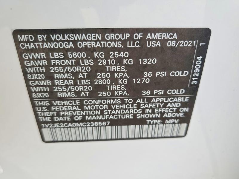 52742686 :رقم المزاد ، 1V2JE2CA0MC238567 vin ، 2021 Volkswagen Atlas Cross Sport مزاد بيع