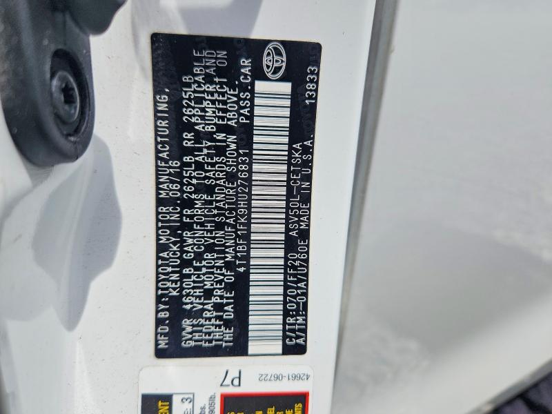 2017 Toyota Camry მანქანა იყიდება აუქციონზე, vin: 4T1BF1FK9HU276831, აუქციონის ნომერი: 54654176