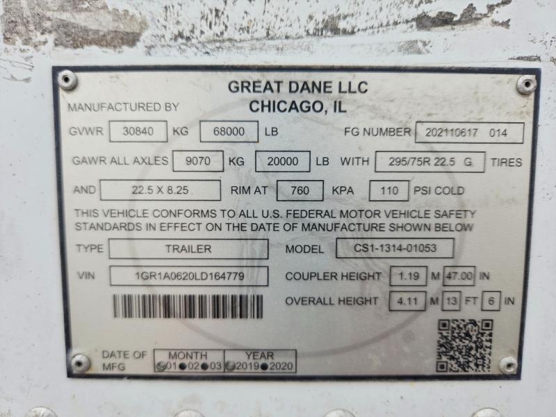 2020 Great Dane Trailers Trailer მანქანა იყიდება აუქციონზე, vin: 1GR1A0620LD164779, აუქციონის ნომერი: 50735676