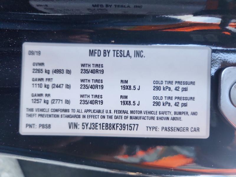 Auction sale of the 2019 Tesla Model 3, vin: 5YJ3E1EB8KF391577, lot number: 53287176
