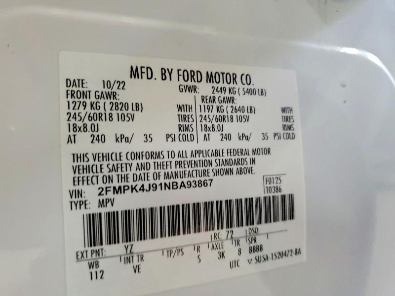 Aukcja sprzedaży 2022 Ford Edge, vin: 2FMPK4J91NBA93867, numer aukcji: 50707736