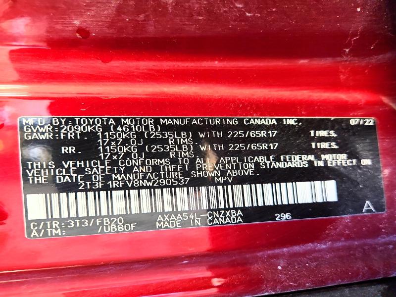 2022 Toyota Rav4 მანქანა იყიდება აუქციონზე, vin: 2T3F1RFV8NW290537, აუქციონის ნომერი: 53035146