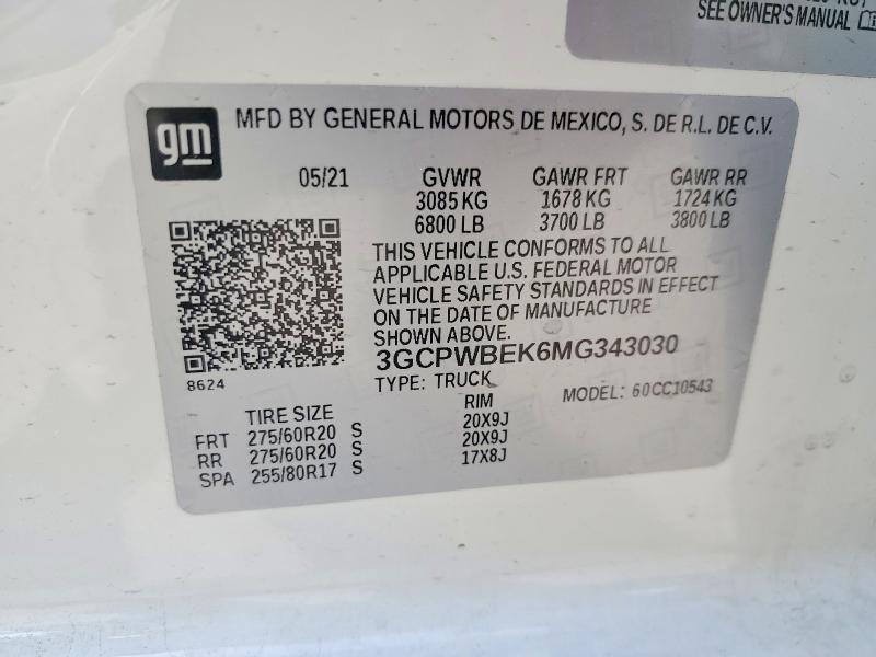 Продаж на аукціоні авто 2021 Chevrolet Silverado, vin: 3GCPWBEK6MG343030, номер лоту: 54307416