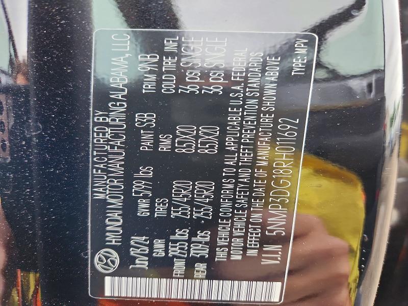 2024 Hyundai Santa Fe მანქანა იყიდება აუქციონზე, vin: 5NMP3DG18RH011692, აუქციონის ნომერი: 54185186