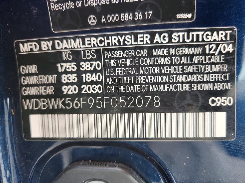 55242986 :رقم المزاد ، WDBWK56F95F052078 vin ، 2005 Mercedes-benz Slk مزاد بيع