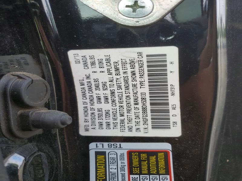 Продаж на аукціоні авто 2013 Honda Civic, vin: 2HGFG3B88DH508133, номер лоту: 52550816