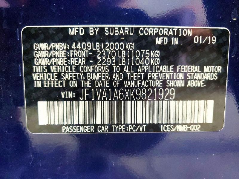 Продажа на аукционе авто 2019 Subaru Wrx, vin: JF1VA1A6XK9821929, номер лота: 52092696