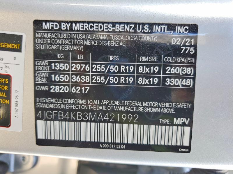 52675506 :رقم المزاد ، 4JGFB4KB3MA421992 vin ، 2021 Mercedes-benz Gle مزاد بيع