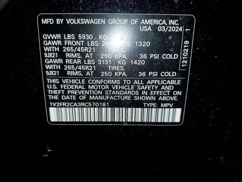 Продажа на аукционе авто 2024 Volkswagen Atlas, vin: 1V2FR2CA3RC570181, номер лота: 52964186