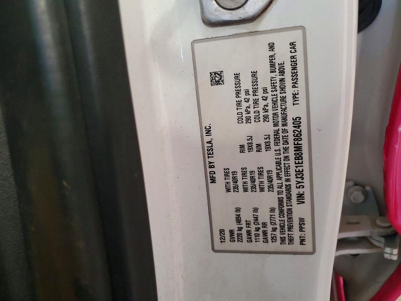 2021 Tesla Model 3 მანქანა იყიდება აუქციონზე, vin: 5YJ3E1EB8MF862405, აუქციონის ნომერი: 54773746