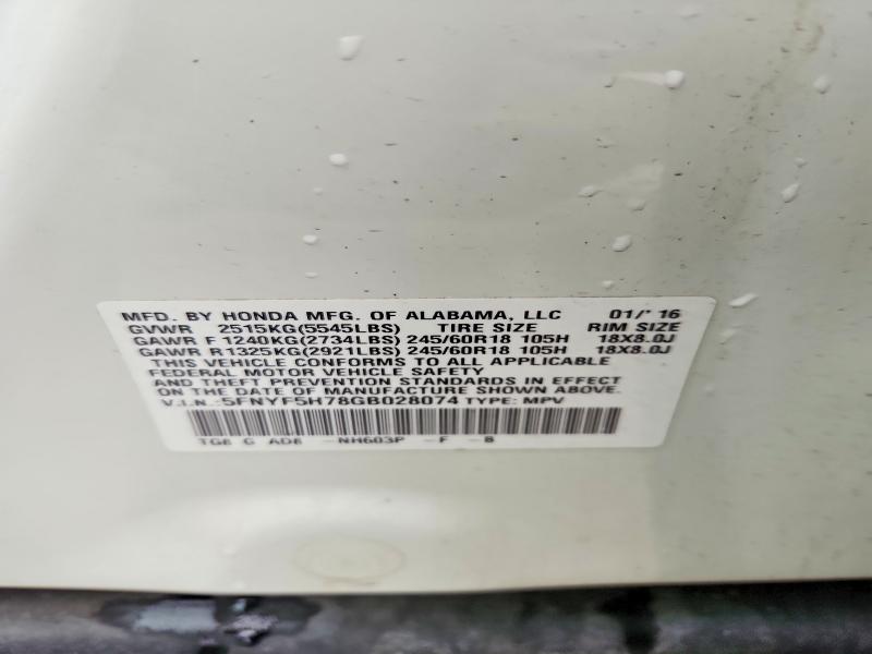 Aukcja sprzedaży 2016 Honda Pilot, vin: 5FNYF5H78GB028074, numer aukcji: 53036556