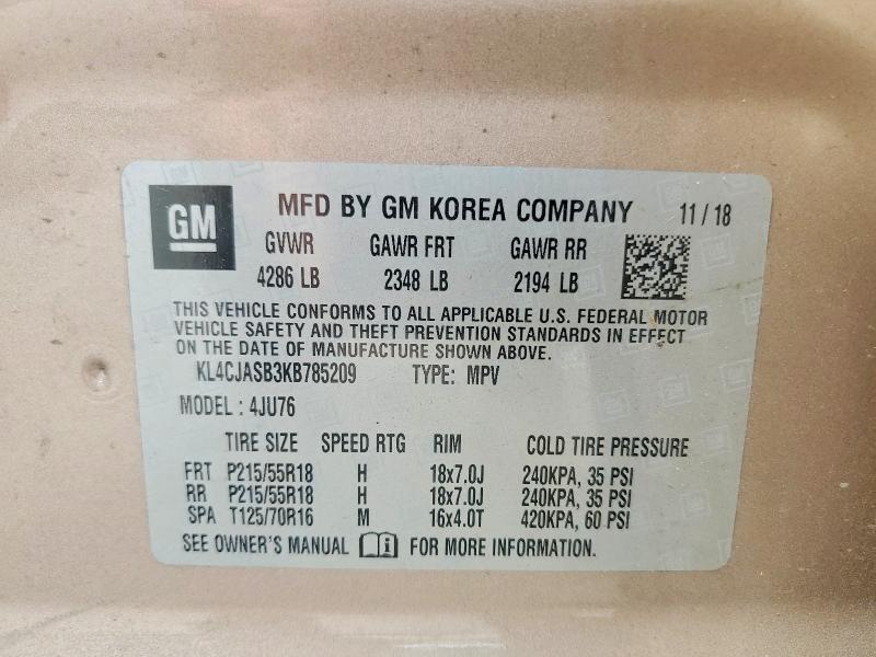 2019 Buick Encore მანქანა იყიდება აუქციონზე, vin: KL4CJASB3KB785209, აუქციონის ნომერი: 54504976