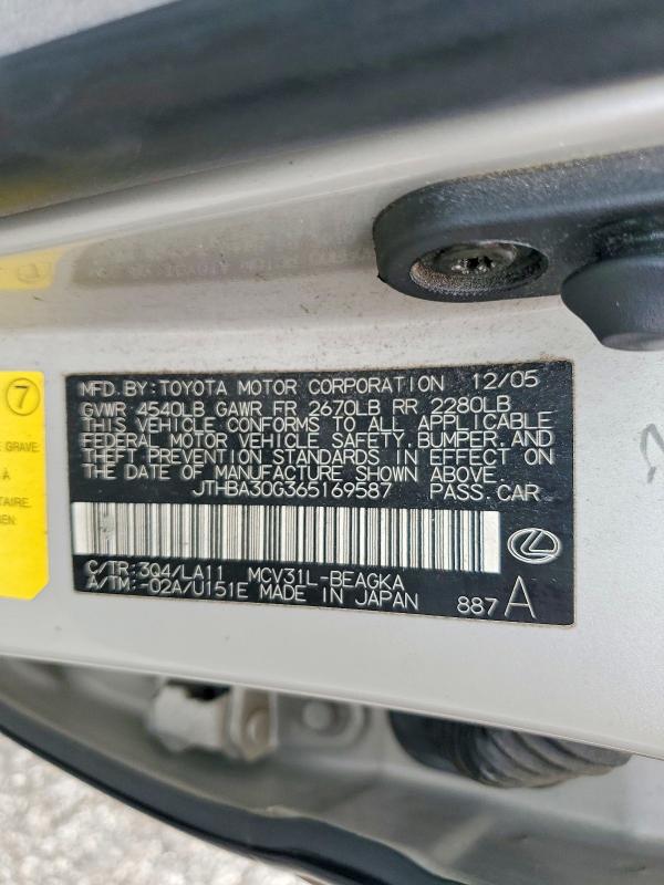 53587516 :رقم المزاد ، JTHBA30G365169587 vin ، 2006 Lexus Es مزاد بيع