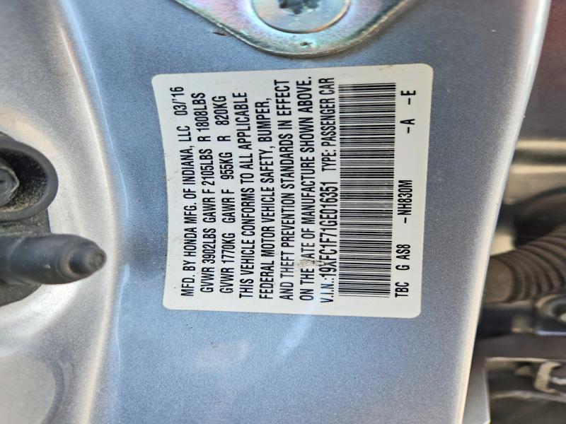 2016 Honda Civic მანქანა იყიდება აუქციონზე, vin: 19XFC1F71GE016351, აუქციონის ნომერი: 54963146