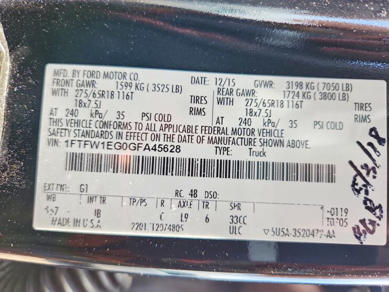 55366476 :رقم المزاد ، 1FTFW1EG0GFA45628 vin ، 2016 Ford F150 مزاد بيع