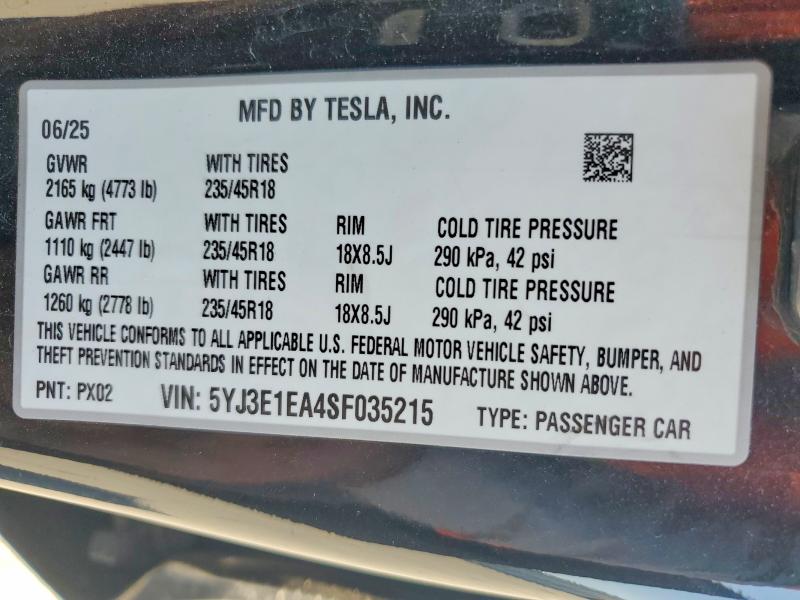 Продаж на аукціоні авто 2025 Tesla Model 3, vin: 5YJ3E1EA4SF035215, номер лоту: 52461856