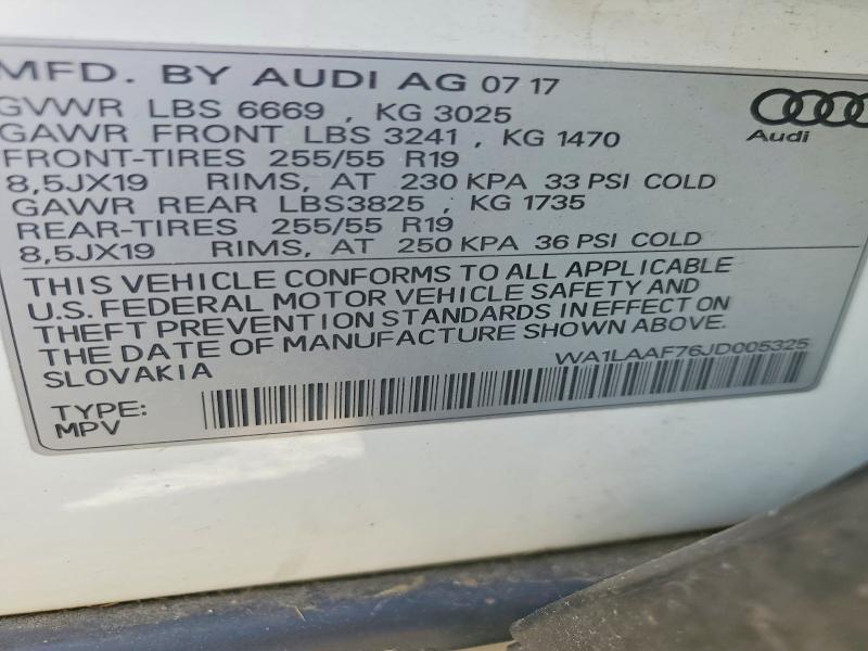 52705476 :رقم المزاد ، WA1LAAF76JD005325 vin ، 2018 Audi Q7 مزاد بيع