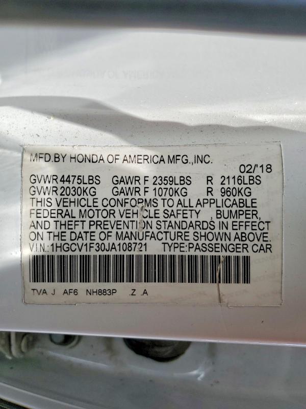 Продажа на аукционе авто 2018 Honda Accord, vin: 1HGCV1F30JA108721, номер лота: 54888166