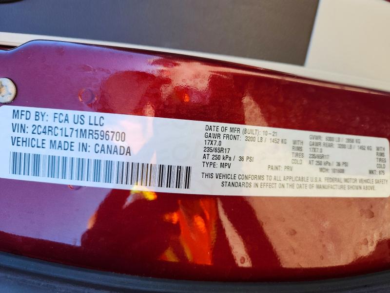 53249646 :رقم المزاد ، 2C4RC1L71MR596700 vin ، 2021 Chrysler Pacifica مزاد بيع