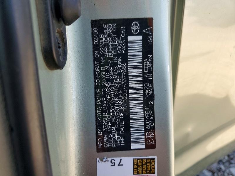 Aukcja sprzedaży 2008 Toyota Prius, vin: JTDKB20U783379686, numer aukcji: 54477486