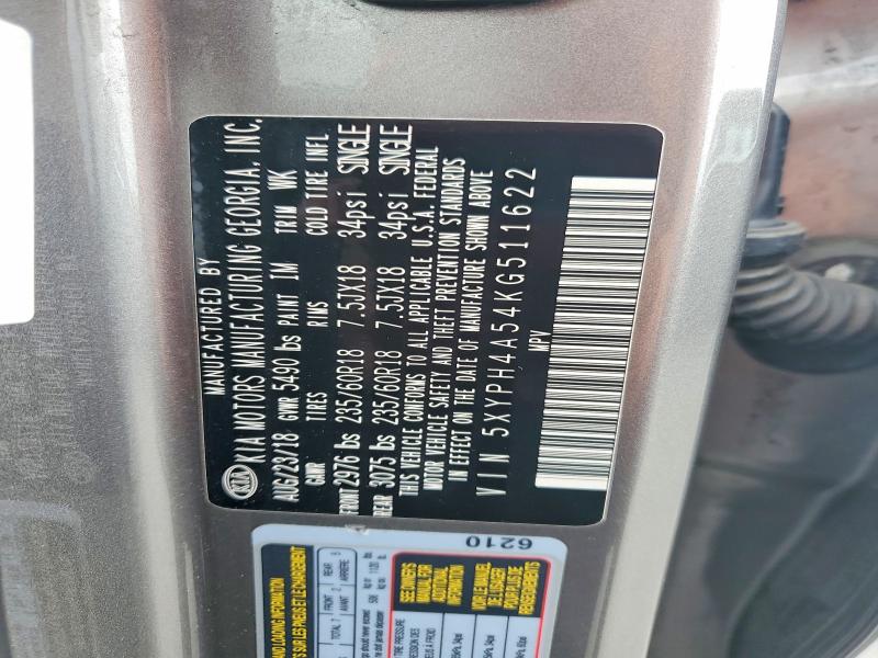 52245186 :رقم المزاد ، 5XYPH4A54KG511622 vin ، 2019 Kia Sorento مزاد بيع