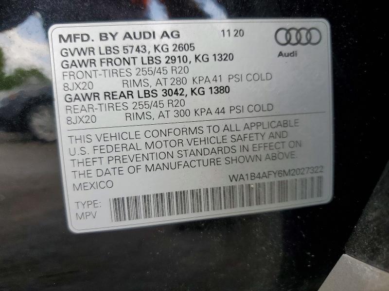 2021 Audi Sq5 მანქანა იყიდება აუქციონზე, vin: WA1B4AFY6M2027322, აუქციონის ნომერი: 55575336