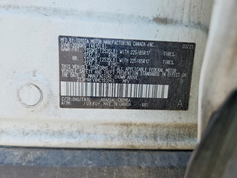 2021 Toyota Rav4 მანქანა იყიდება აუქციონზე, vin: 2T3P1RFVXMC193943, აუქციონის ნომერი: 55627566