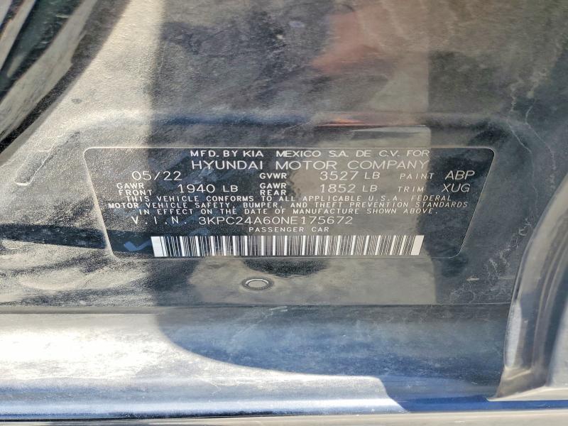 54293396 :رقم المزاد ، 3KPC24A60NE175672 vin ، 2022 Hyundai Accent مزاد بيع